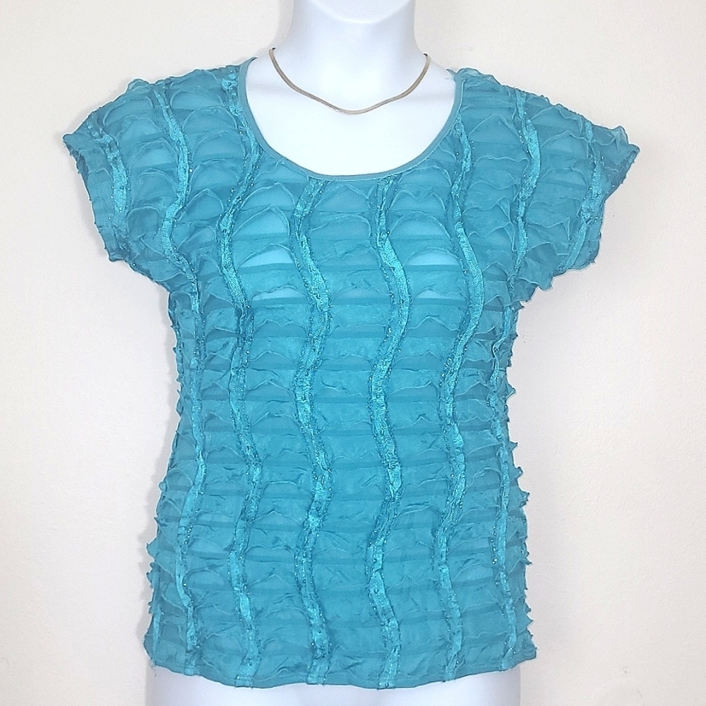Top pull over Teal sparkly satin ribbon trim short sleeve  new directions Medium